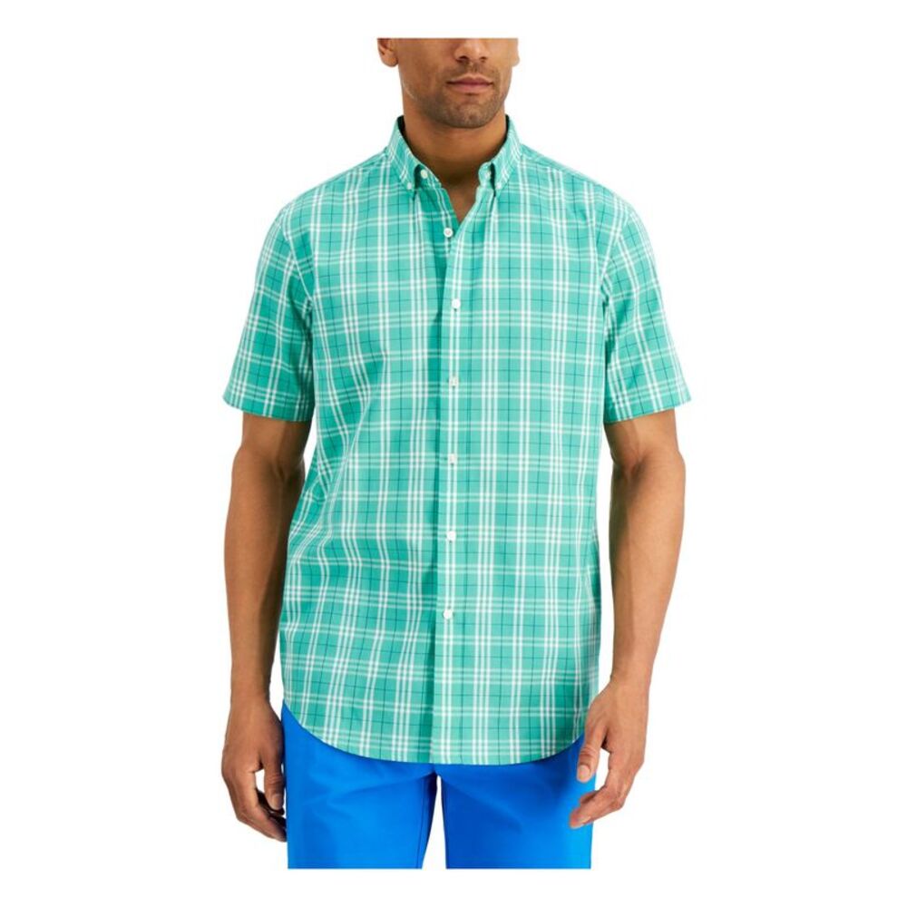 CLUBROOM Mens Green Multi-Check Collared Classic Fit Dress Shirt S